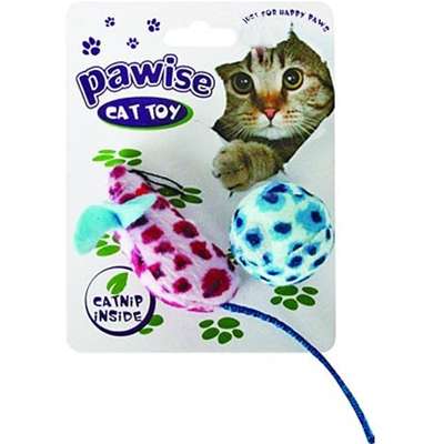 Brinquedo Pawise Rato de Pelúcia e Bola com Guizo e Catnip - Cores Variadas