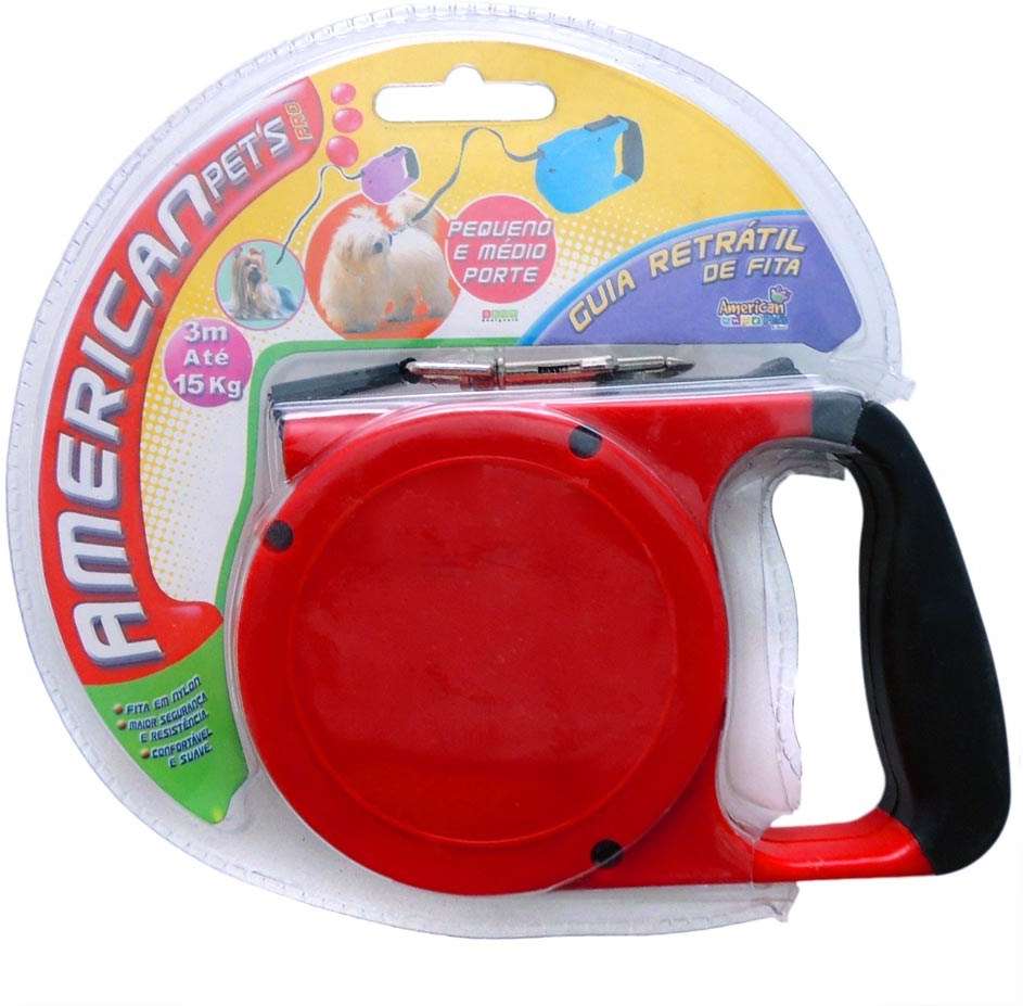 Guia Retrátil American Pets Emborrachada Vermelho até 15Kg - 3 Metros