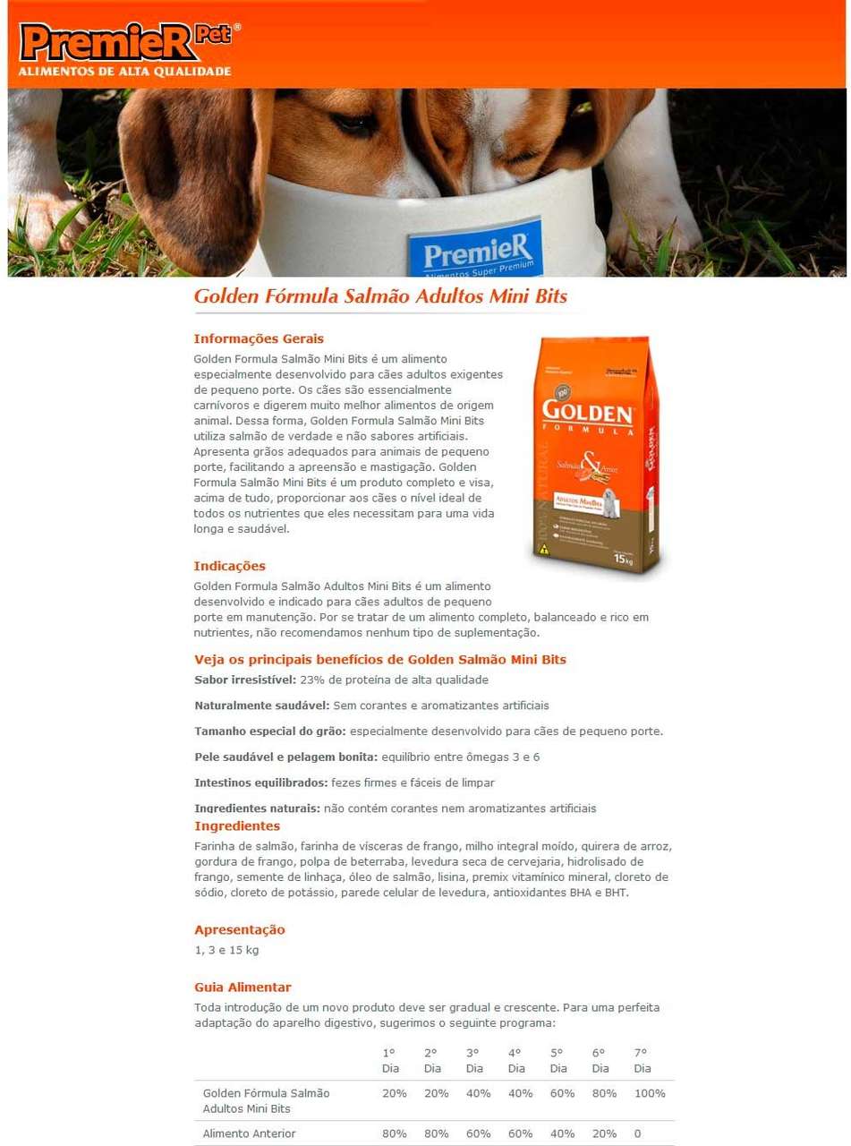 Ração Seca PremieR Pet Golden Formula Mini Bits Salmão e Arroz para Cães Adultos de Raças Pequenas - 15Kg