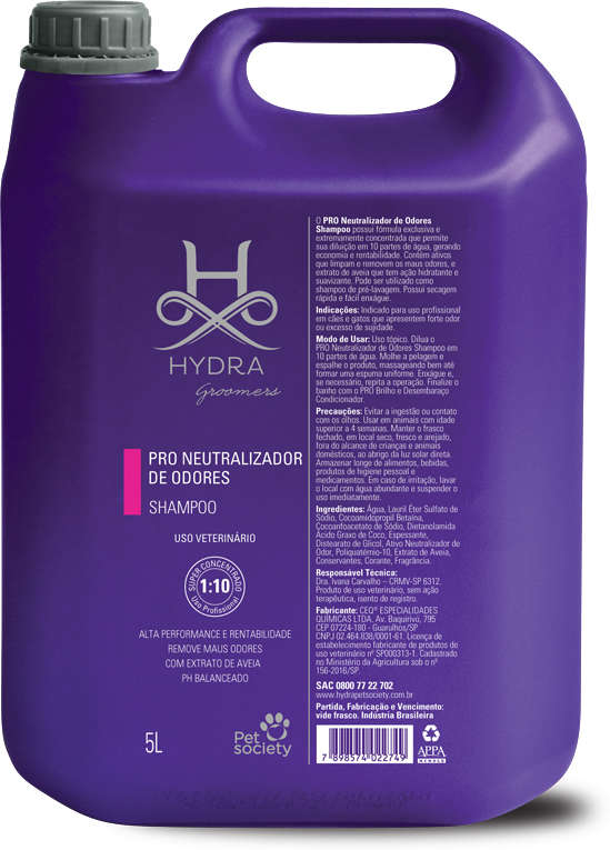 Shampoo Pet Society Hydra Groomers PRO Neutralizador de Odores para Cães e Gatos - 5 Litros