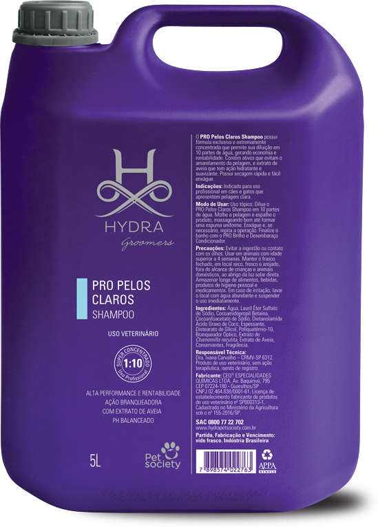 Shampoo Pet Society Hydra Groomers PRO Pelos Claros para Cães e Gatos - 5 Litros