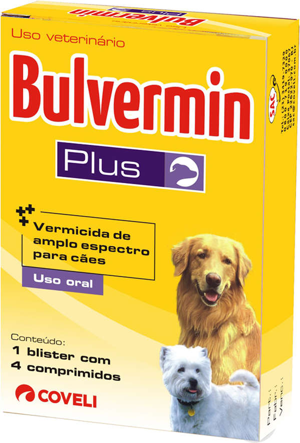 Vermífugo Coveli Bulvermin Plus 4 Comprimidos para Cães - 1 Blister