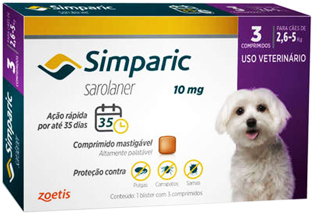 Antipulgas Zoetis Simparic 10 mg para Cães 2,6 a 5Kg - 3 Comprimidos