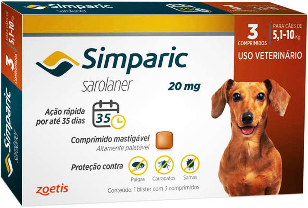 Antipulgas Zoetis Simparic 20 mg para Cães 5,1 a 10Kg - 3 Comprimidos