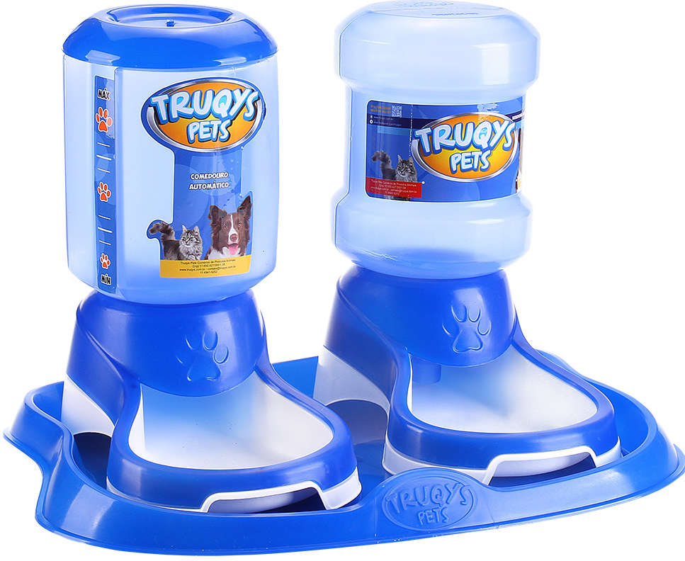 Kit Truqys Pets Automático Bandeja + Comedouro + Bebedouro - Azul