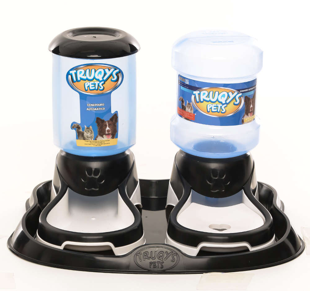 Kit Truqys Pets Automático Preto Bandeja + Comedouro + Bebedouro - Preto
