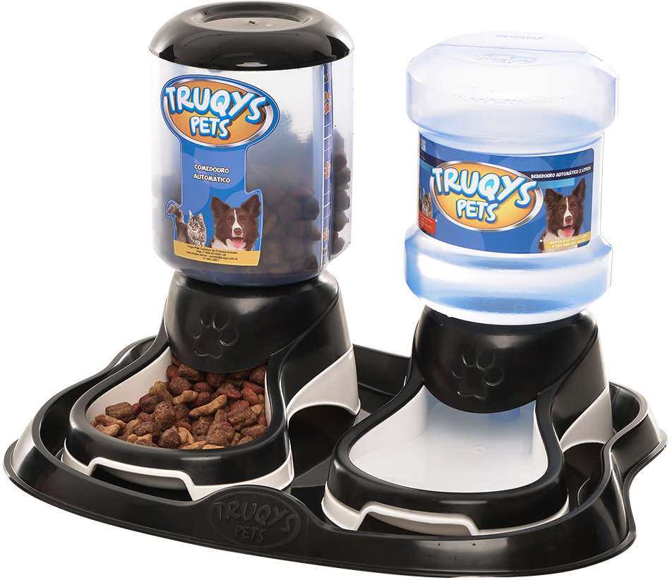 Kit Truqys Pets Automático Preto Bandeja + Comedouro + Bebedouro - Preto