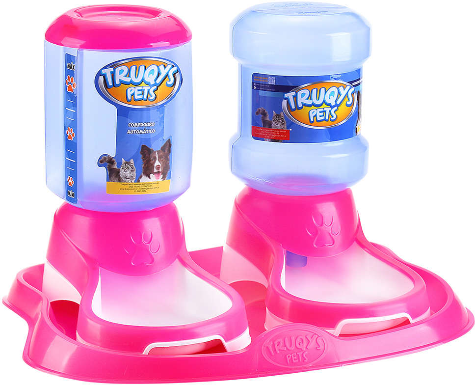 Kit Truqys Pets Automático Bandeja + Comedouro + Bebedouro - Rosa