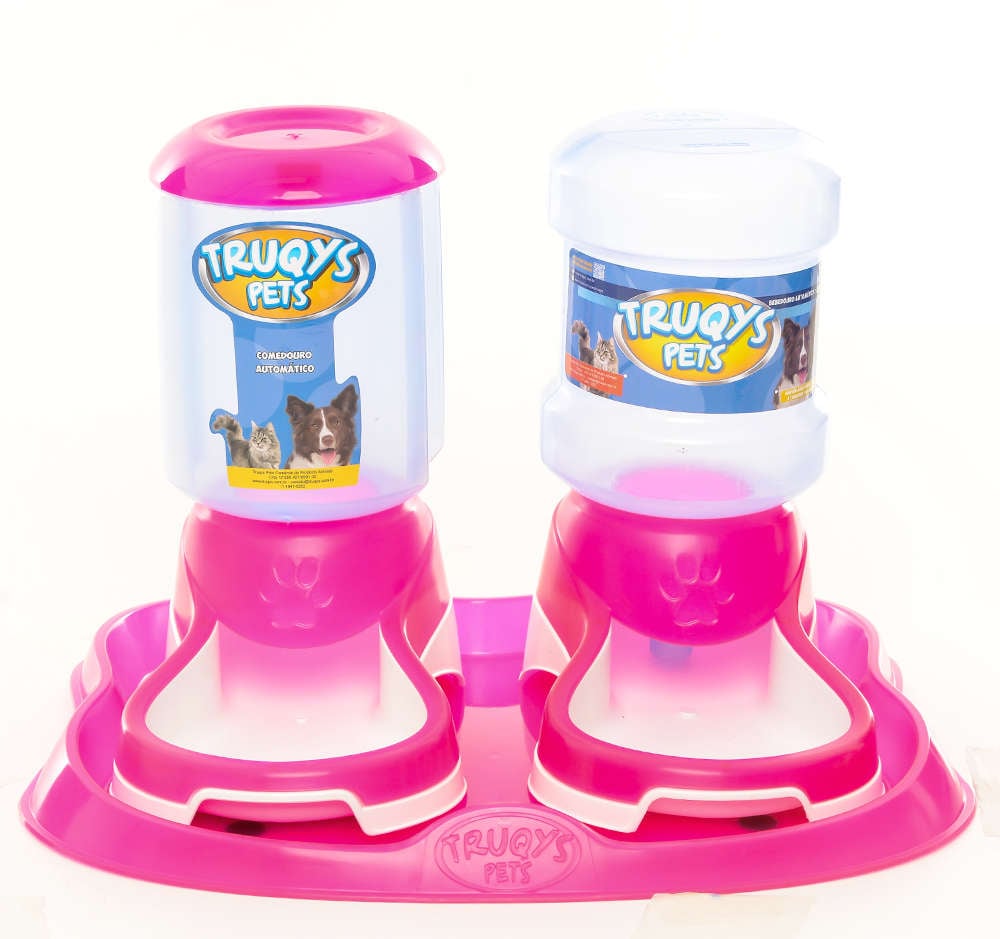 Kit Truqys Pets Automático Bandeja + Comedouro + Bebedouro - Rosa