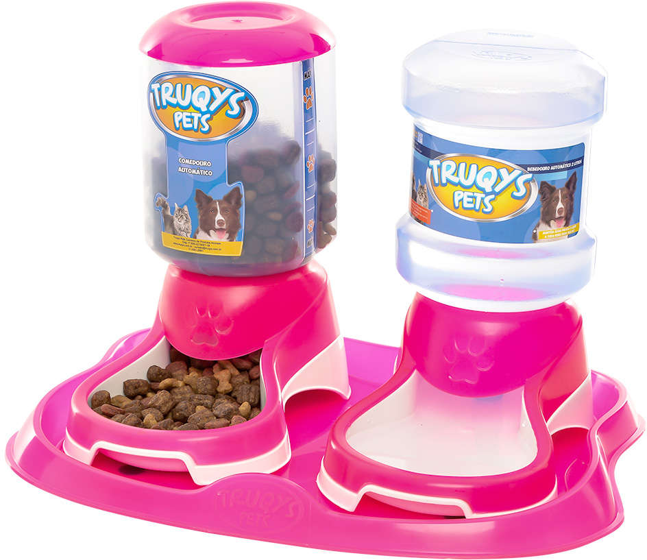 Kit Truqys Pets Automático Bandeja + Comedouro + Bebedouro - Rosa