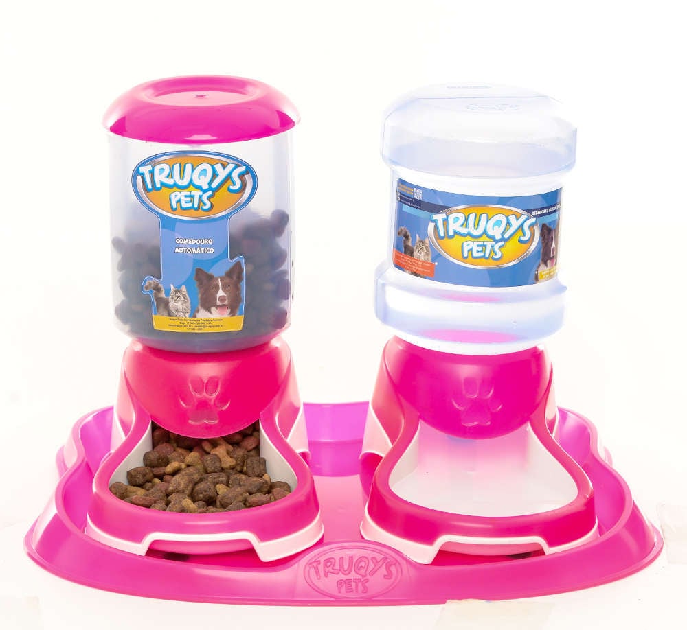 Kit Truqys Pets Automático Bandeja + Comedouro + Bebedouro - Rosa