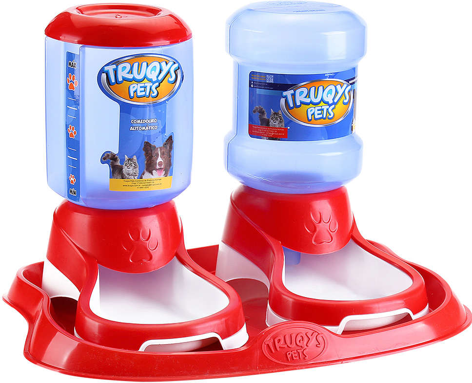 Kit Truqys Pets Automático Bandeja + Comedouro + Bebedouro - Vermelho