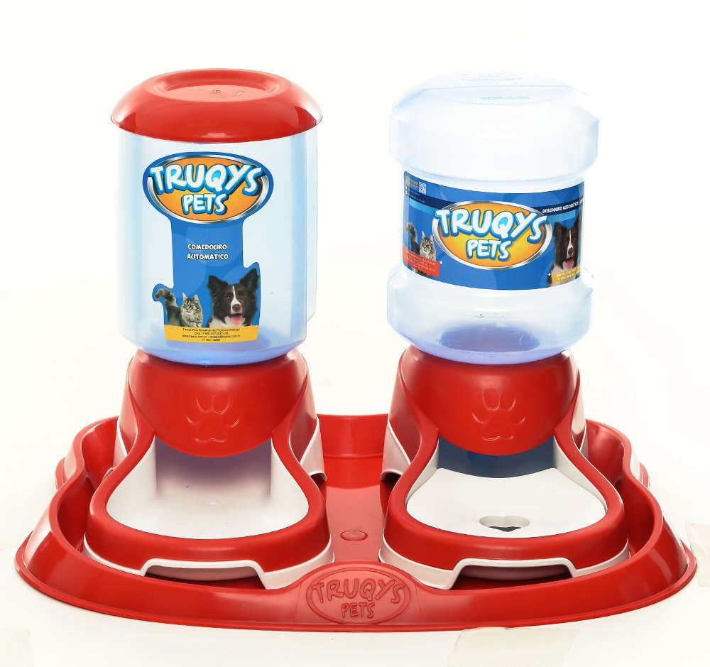 Kit Truqys Pets Automático Bandeja + Comedouro + Bebedouro - Vermelho