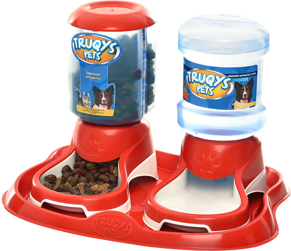 Kit Truqys Pets Automático Bandeja + Comedouro + Bebedouro - Vermelho