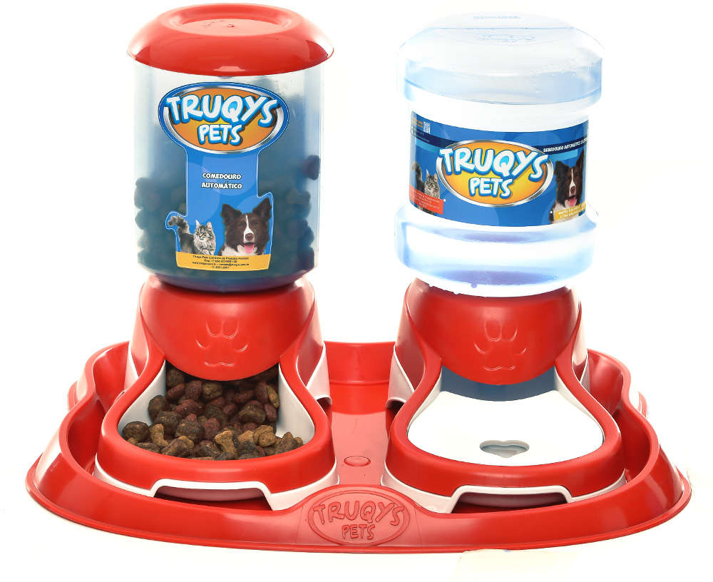 Kit Truqys Pets Automático Bandeja + Comedouro + Bebedouro - Vermelho