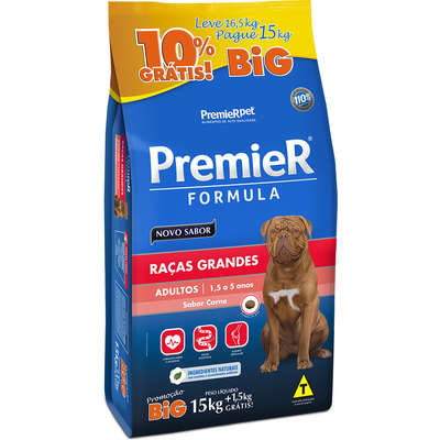 Ração Premier Pet para Cães Adultos Raças Grandes Sabor Carne - 15 + 1,5 Kg