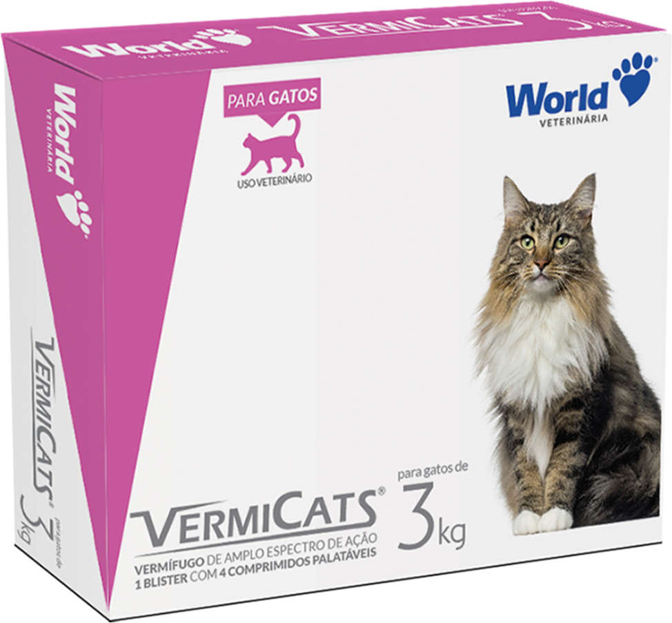 Vermífugo World Veterinária VermiCats para Gatos de 3Kg - 4 Comprimidos