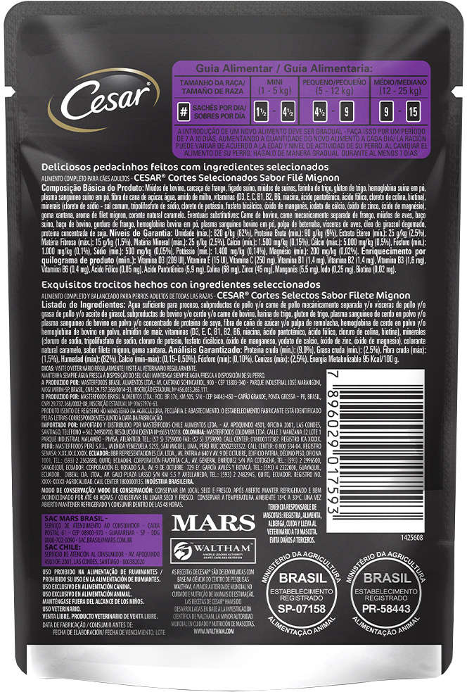 Ração Úmida Cesar Sachê Cortes Selecionados Sabor Filé Mignon para Cães Adultos - 85 g