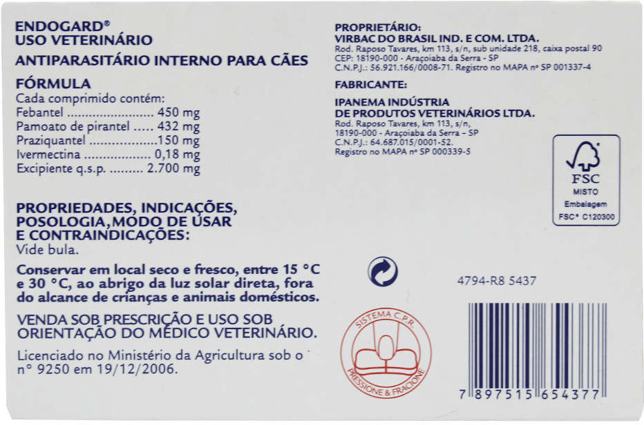Vermífugo Virbac Endogard para Cães até 30Kg - 6 comprimidos