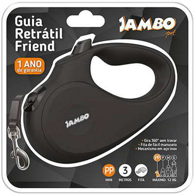 Guia Retratil Jambo Friend Preta - Tam. Mini