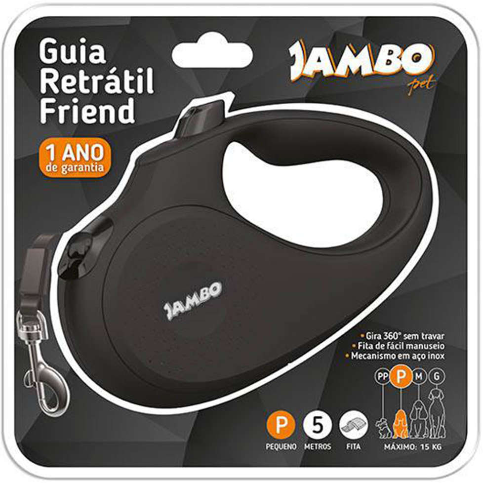 Guia Retratil Jambo Friend Preta - Tam. P