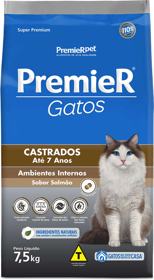 Ração Premier Pet Gatos Castrados até 7 anos Ambientes Internos Salmão - 7,5Kg