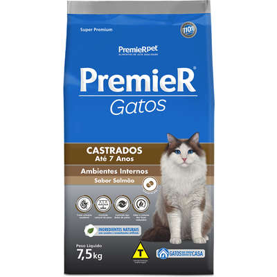 Ração Premier Pet Gatos Castrados até 7 anos Ambientes Internos Salmão - 7,5 Kg