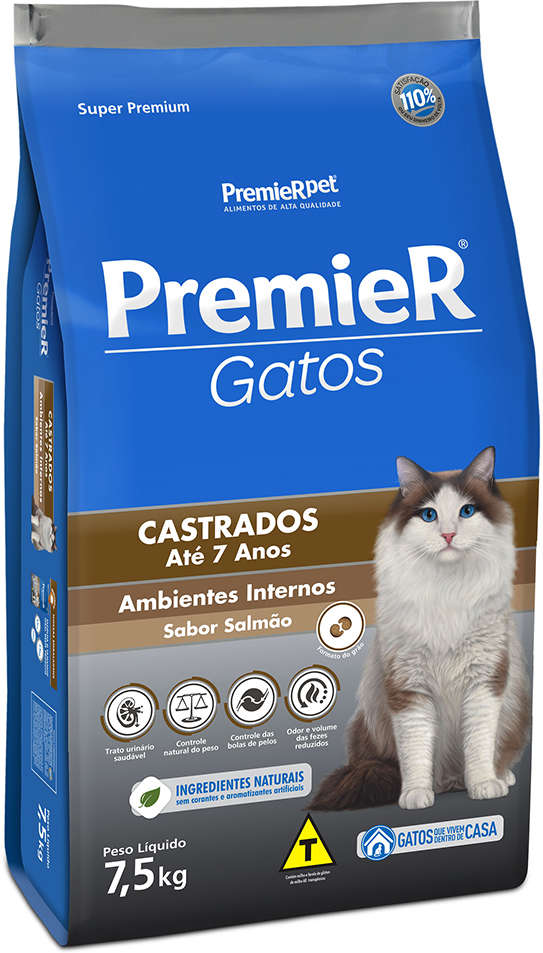 Ração Premier Pet Gatos Castrados até 7 anos Ambientes Internos Salmão - 7,5Kg