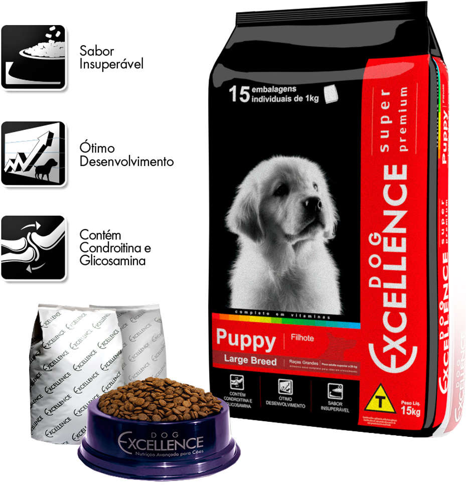 Ração Seca Dog Excellence Super Premium Arroz e Frango para Cães Filhotes Raças Grandes - 15Kg