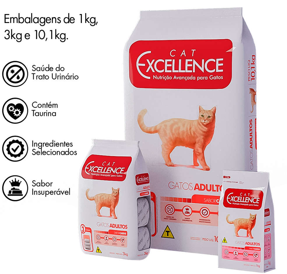 Ração Seca Cat Excellence Carne para Gatos Adultos - 10,1Kg