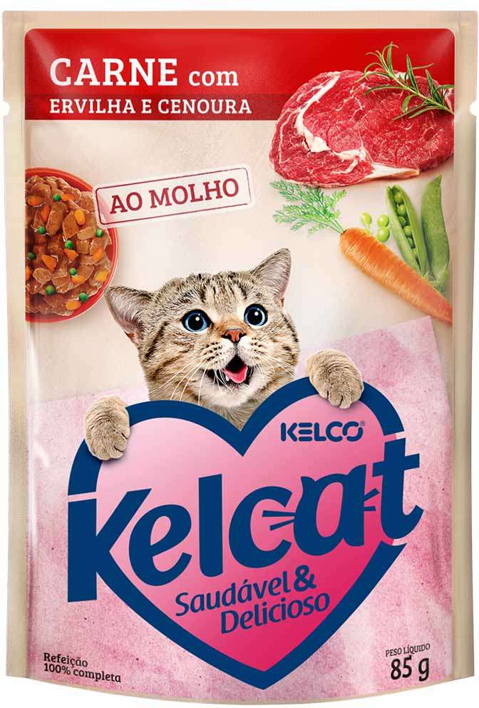 Ração Úmida Kelcat Sachê Carne, Ervilha e Cenoura - 85 g