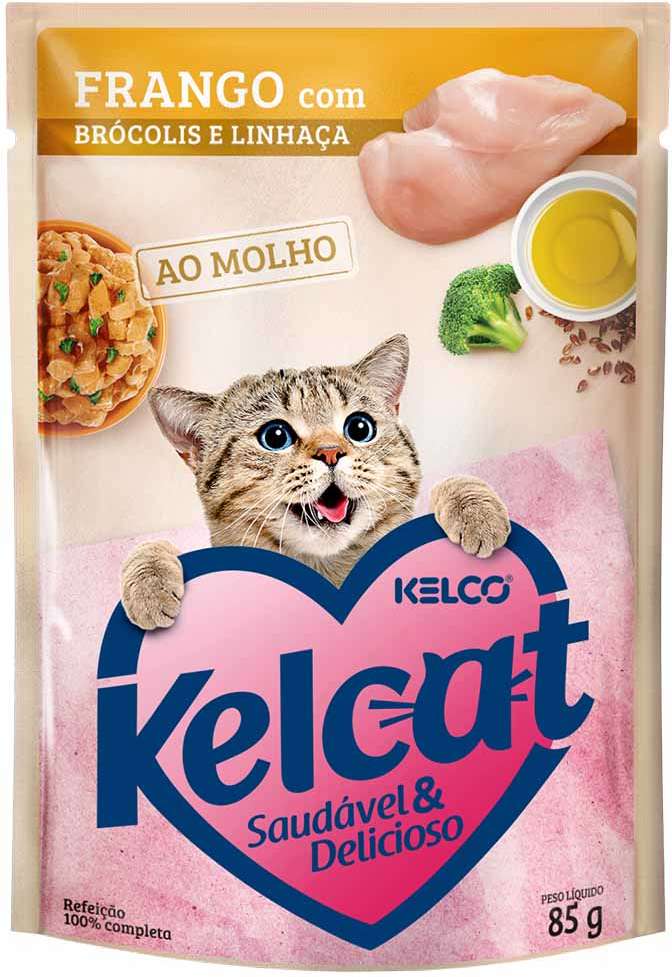 Ração Úmida Kelcat Sachê Frango, Brócolis e Linhaça - 85 g