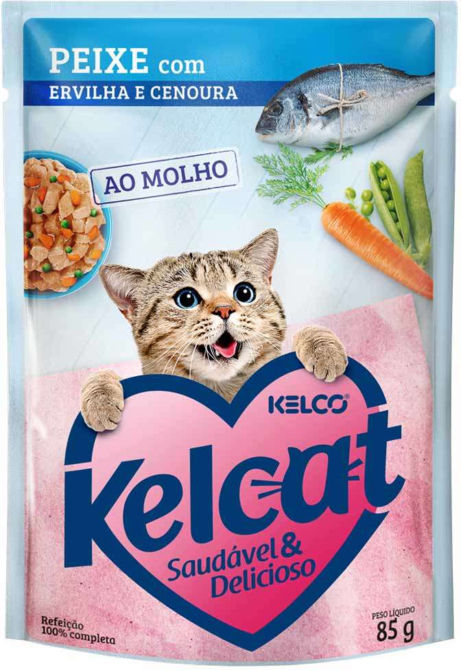 Ração Úmida Kelcat Sachê Peixe, Ervilha e Cenoura - 85 g