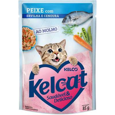 Ração Úmida Kelcat Sachê Peixe, Ervilha e Cenoura