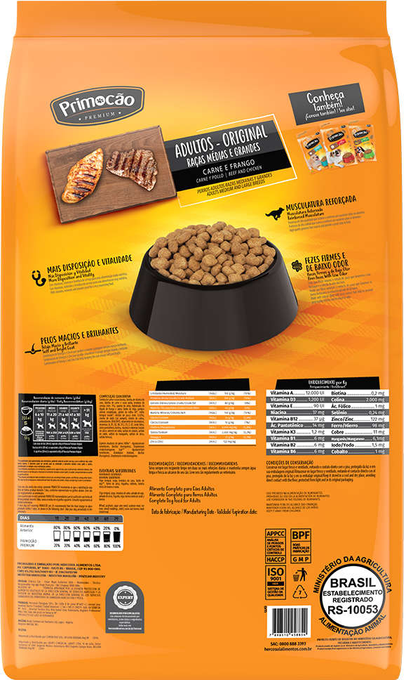 Ração Seca Primocão Premium Original Carne e Frango para Cães de Adultos Raças Médias e Grandes - 20Kg