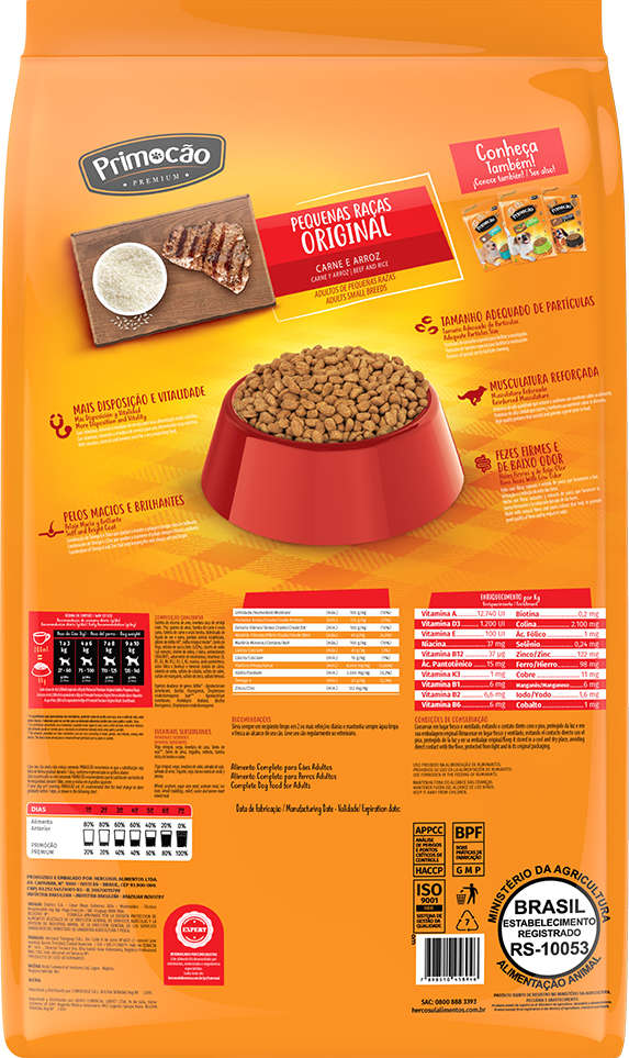 Ração Seca Primocão Premium Original Carne e Arroz para Cães Adultos de Raças Pequenas - 15Kg