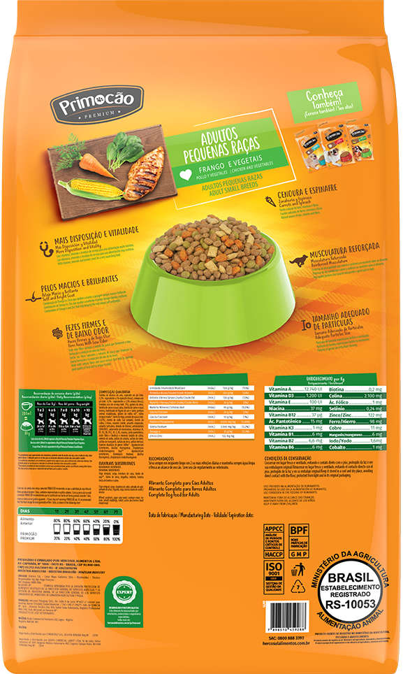 Ração Seca Primocão Premium Original Frango e Vegetais para Cães Adultos de Raças Pequenas - 20Kg