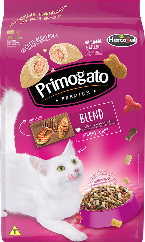 Ração Seca Primogato Premium Blend Carne, Frango e Peixe para Gatos Adultos - 10,1Kg