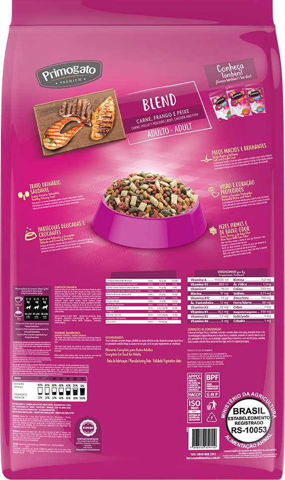 Ração Seca Primogato Premium Blend Carne, Frango e Peixe para Gatos Adultos - 10,1Kg