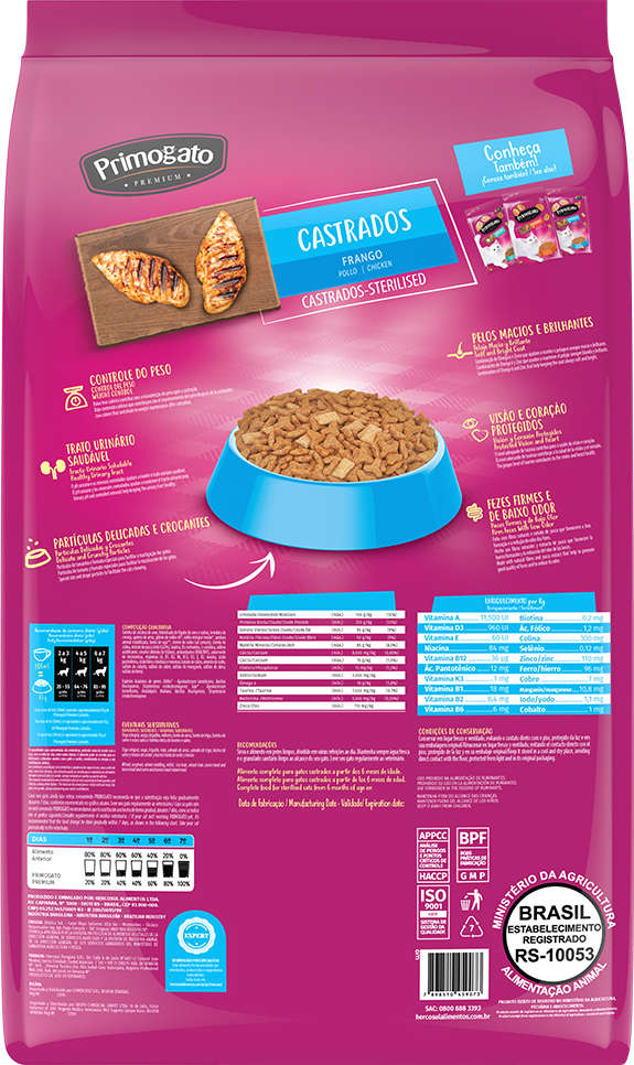 Ração Seca Primogato Premium Original Frango para Gatos Castrados - 10,1Kg