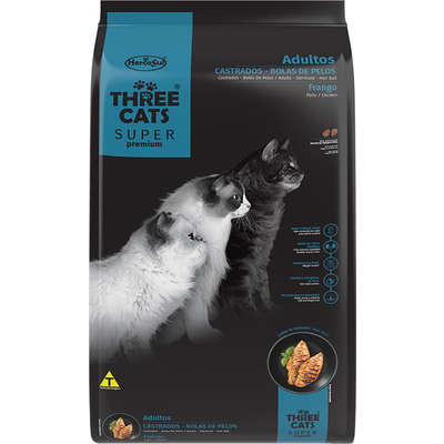 Ração Seca Three Cats Super Premium Frango para Gatos Castrados Bola de Pelo