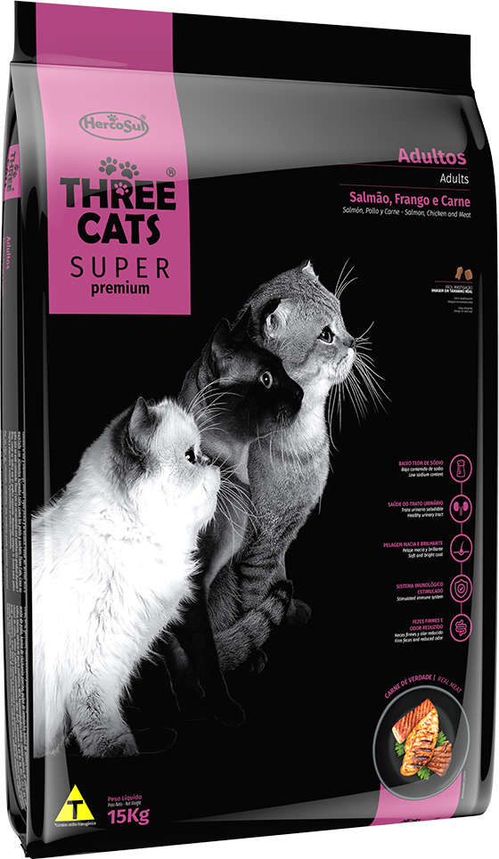 Ração Seca Three Cats Super Premium Salmão, Frango e Carne para Gatos Adultos - 15Kg