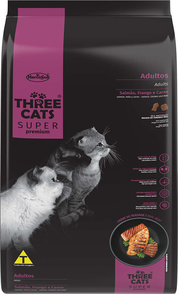 Ração Seca Three Cats Super Premium Salmão, Frango e Carne para Gatos Adultos - 15Kg