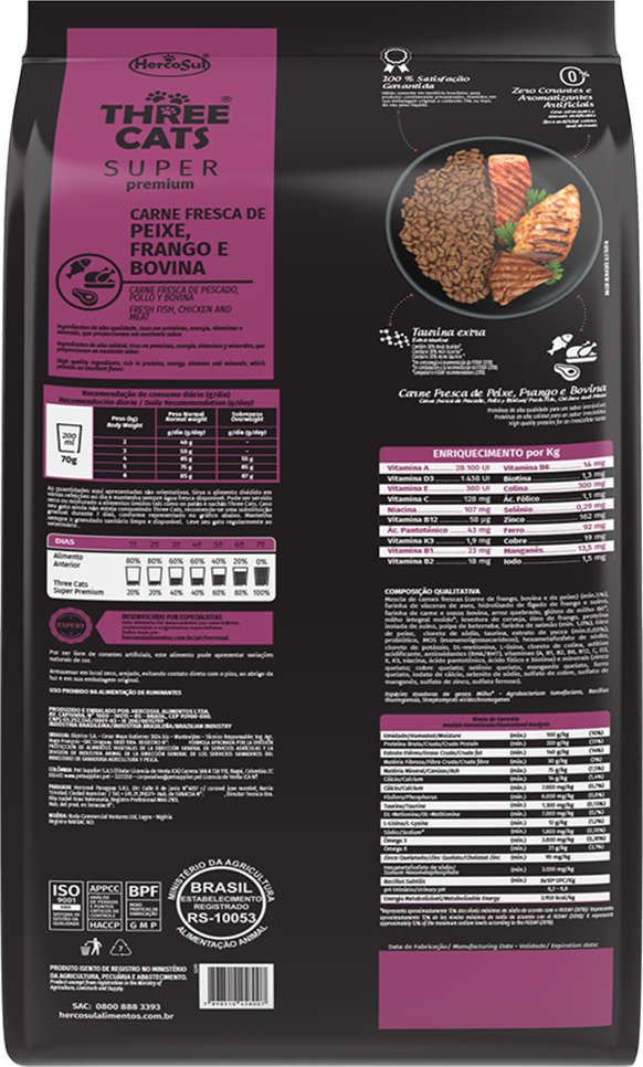 Ração Seca Three Cats Super Premium Salmão, Frango e Carne para Gatos Adultos - 15Kg