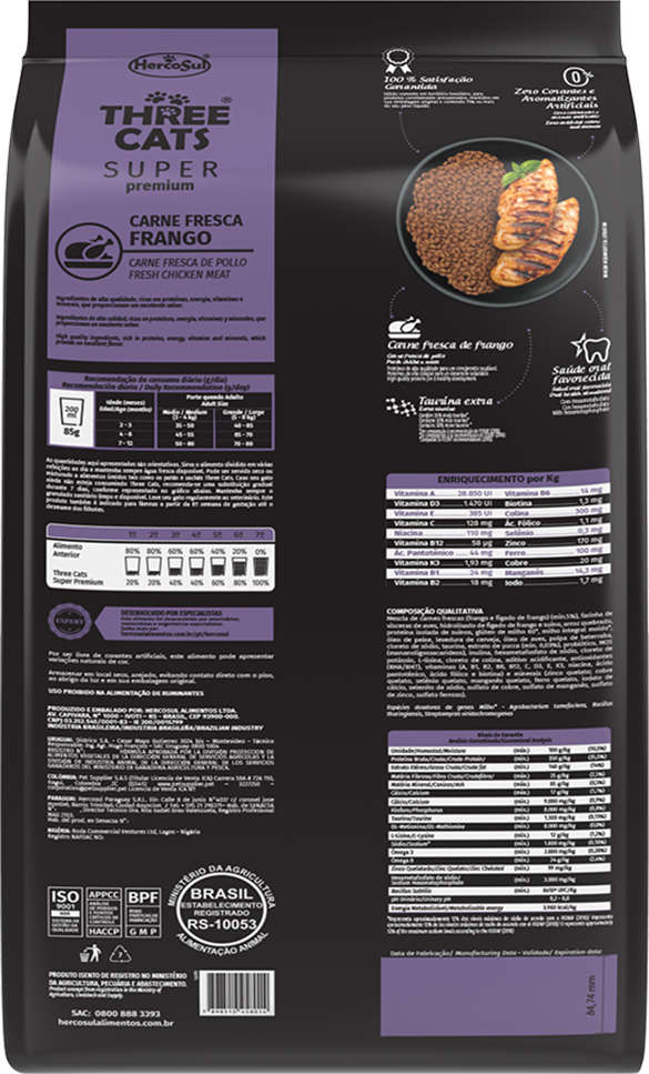 Ração Seca Three Cats Super Premium Frango para Gatos Filhotes - 10,1Kg