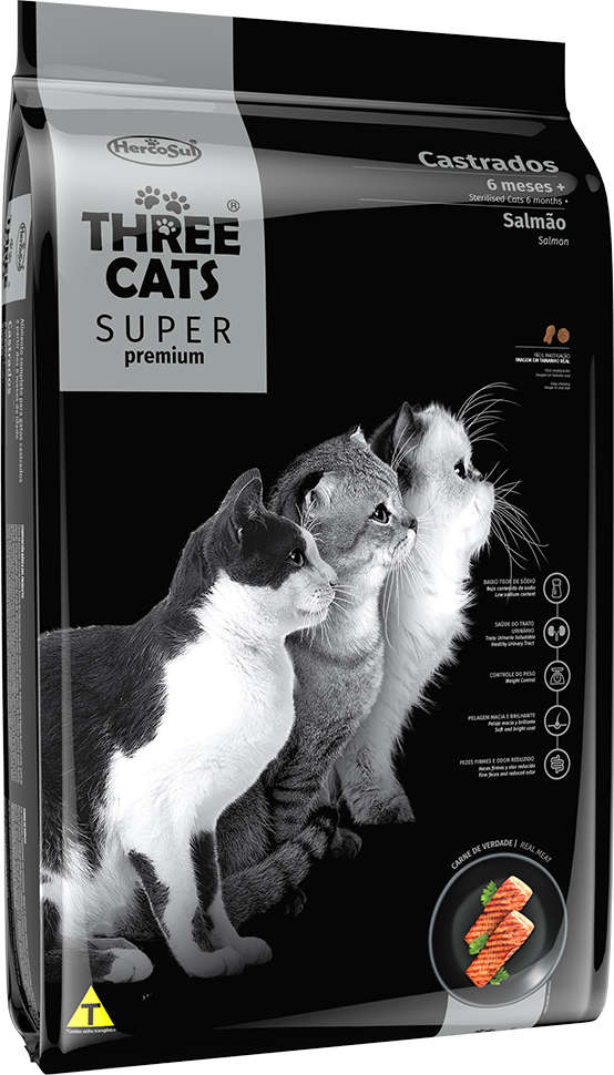 Ração Seca Three Cats Super Premium Salmão para Gatos Castrados 6 Meses + - 15Kg
