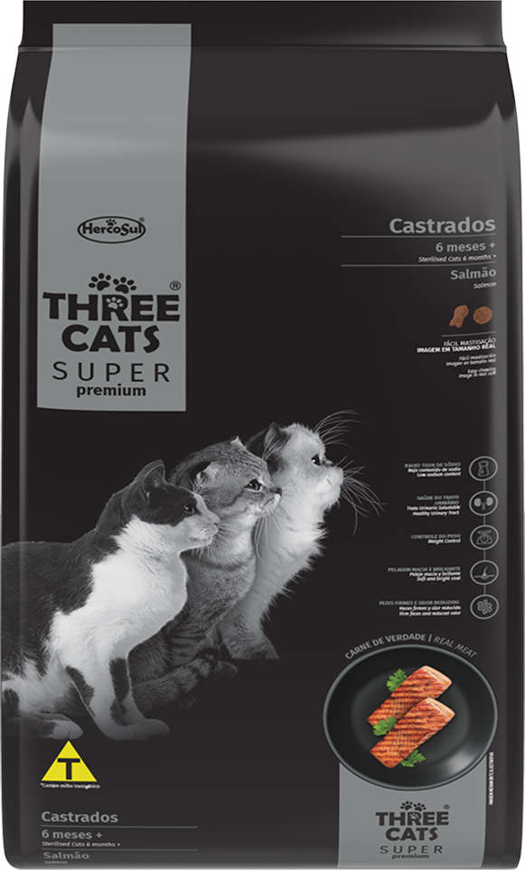 Ração Seca Three Cats Super Premium Salmão para Gatos Castrados 6 Meses + - 15Kg