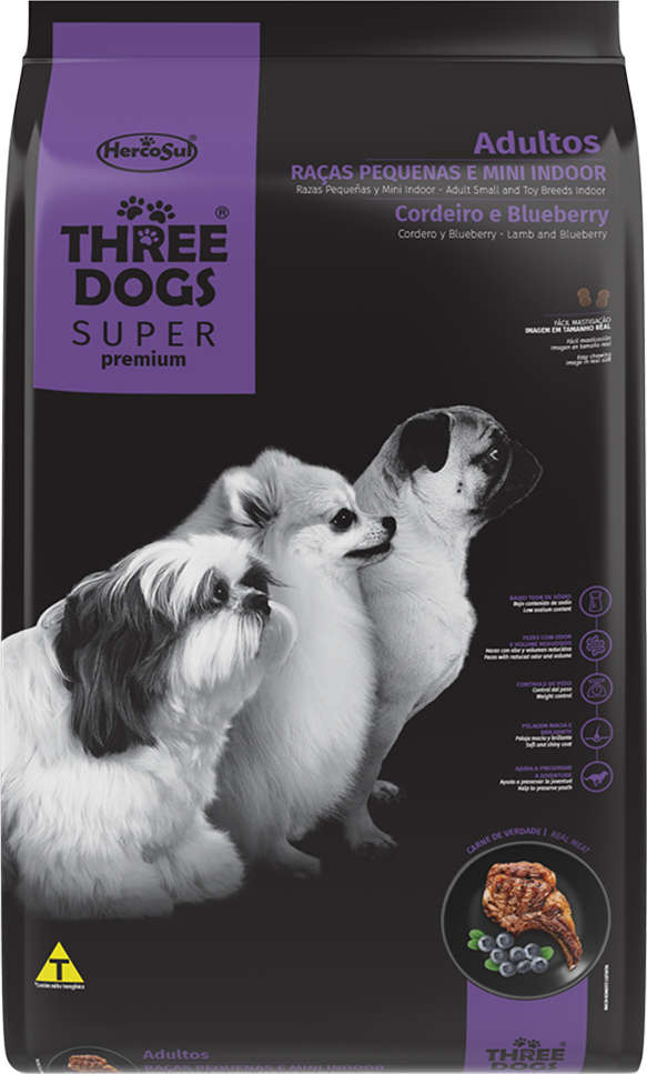 Ração Seca Three Dogs Super Premium Cordeiro e Blueberry para Cães Adultos Raças Pequenas e Mini Indoor - 10,1Kg