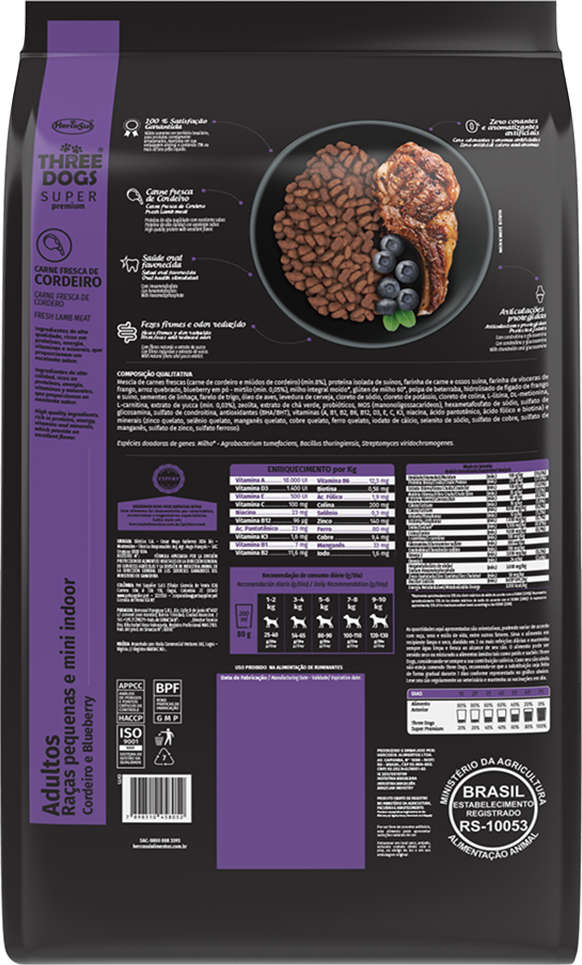 Ração Seca Three Dogs Super Premium Cordeiro e Blueberry para Cães Adultos Raças Pequenas e Mini Indoor - 10,1Kg