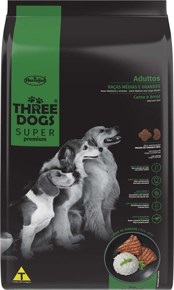 Ração Seca Three Dogs Super Premium Carne e Arroz para Cães Adultos Raças Médias e Grandes - 10,1Kg